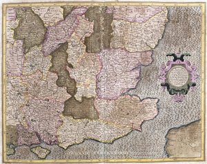 Southeast region of England inklusive British Channel och London (gravyr av Gerardus Mercator