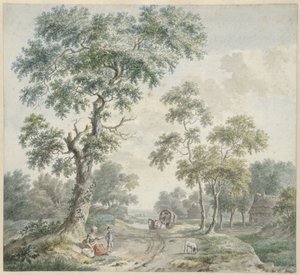 Boszoom med bondgårdar och en sandstig av Gerardus Wieringa