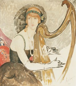 En dam som spelar harpa av Gerda Marie Frederike Wegener
