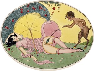 A Satyr and a Young Girl, ca 1917 (svart tusch och akvarell på ett ovalt kort, inramat)