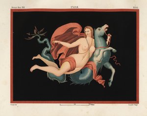 En Nereid (havsnymf) i mantel och armband som rider på ett havsmonster eller hippocampus, hälften häst och hälften fisk. Museo Naz. XXII, Stabiae. Ritad och kromolitografi av Victor Steeger från Emile Presuhn (1844-1878) De vackraste målningarna av Pompeji