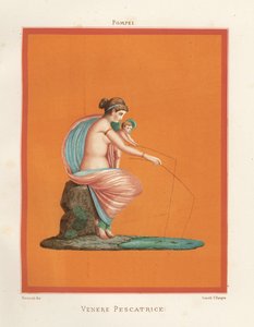 Väggmålning av Venus och cupidfiske med spön från en damm. Finns i Regio V.V.3, Gladiatorernas hus. Kromolitografi av Victor Steeger efter en illustration av Geremia Discanno från Emile Presuhn (1844-1878) De vackraste målningarna av Pompeji,