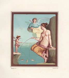 Väggmålning av Venus och cupidfiske med spön från havet. Finns i Regio VI.XIV.28, Taberna Lusoria. Kromolitografi av Victor Steeger efter en illustration av Geremia Discanno från Emile Presuhn (1844-1878) De vackraste målningarna av Pompeji, Lei