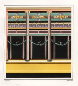 Väggmålning från ett rum i Epigrammens hus. V, Ins. 1, nr 18. Kromolitografi av Victor Steeger efter en illustration av Geremia Discanno från Emile Presuhn (1844-1878) Pompejis vackraste målningar, Leipzig