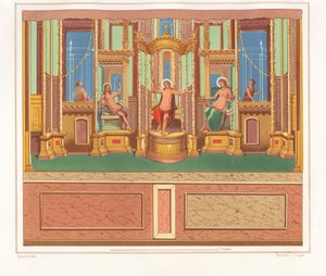Väggmålning som visar Bacchus, Venus och Apollo från en avskild sittplats i ett hörn av en trädgård i Domus M. Herenulli Communis eller Apollos hus, Reg. VI, Ins. VII, nr 23. Kromolitografi av Victor Steeger efter en illustration av Geremia Discan
