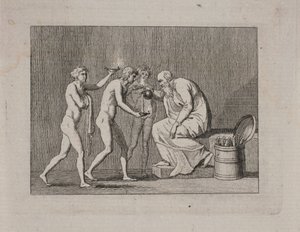 Allegori med tre ungdomar och en gammal man i antik dräkt. av Gerhard Ludvig Lahde