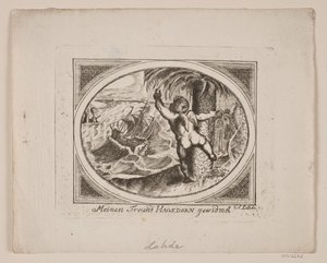 Amor vid en palm som pekar bortom ett rasande hav. av Gerhard Ludvig Lahde