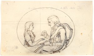 Kronprins Frederik med kronprinsen (Chr. VIII) visar ett porträtt av framlidna kronprinsessan Sofie Frederikke av Gerhard Ludvig Lahde
