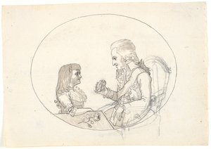 Kronprins Frederik med kronprinsen (Chr. VIII) visar ett porträtt av framlidna kronprinsessan Sofie Frederikke av Gerhard Ludvig Lahde