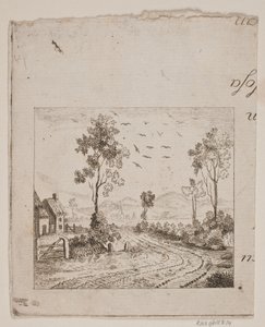 Landskap med hus vid väg med träd och flygande fåglar av Gerhard Ludvig Lahde
