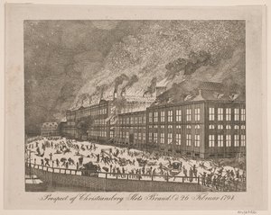 Prospekt över Christiansborgs slotts brand den 26 februari 1794 av Gerhard Ludvig Lahde