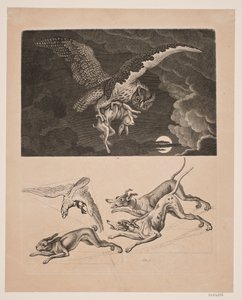 Panel med Uggla som flyger med Hare, nedanför; hundar, harar och jaktfalkar av Gerhard Ludvig Lahde