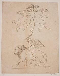 Panel med tre cupids och nedan cupid på ett lejon av Gerhard Ludvig Lahde