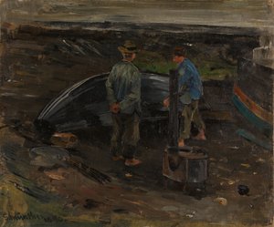 Pojkar som tjärar en båt, Nevlunghavn av Gerhard Munthe
