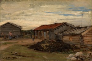 En gård med grå uthus av Gerhard Munthe