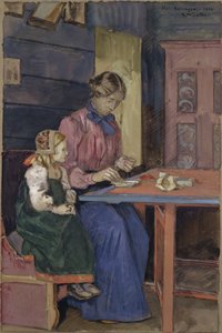 Ung tjej från Hallingdal som lär sig trä pärlor av Gerhard Peter Frantz Vilhelm Munthe