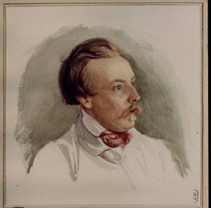 Porträtt av målaren Alexander (Alexander) von Kotzebue (1815-1889). (Porträtt av målaren A. von Kotzebue). Verk av Gerhard Wilhelm von Reutern (1794-1865), akvarell på papper, omkring 1840. Tysk konst av Gerhard Wilhelm von Reutern