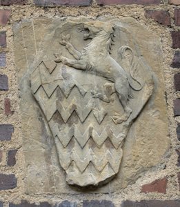 Vapensköld av familjen Rucellai, ca 1450-80 (pietra serena) av Geri da workshop of Settignano