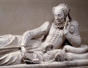 Begravningsmonument: Grav med smak av Jeanne Valentine Balbiani (1518-1572), hustru till kardinal Rene de Birague (1506-1583), Frankrikes kansler. Detalj. Marmorskulptur av Germain Pilon (1535 - 1590), cirka 1573. Paris, Louvren