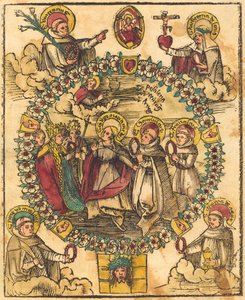 Madonna i en radband med heliga av German 15th Century