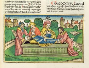 2 Krönikeboken 35 24 Josias begravning, från Nürnbergbibeln (Biblia Sacra Germanaica) (färgat träsnitt)