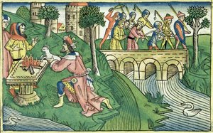 2 Kungaboken 16 9-16 Folket i Damaskus tas till fånga, från Nürnbergbibeln (Biblia Sacra Germanaica) (färgat träsnitt) av German School