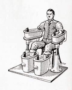 Ett galvaniskt bad från 1800-talet eller Schnee Four Cell Bath, från Meyers Lexicon, pub. 1927 (tryck) av German School