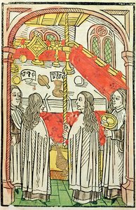En grekisk-ortodox mässa vid konciliet i Konstanz 1415, illustration från krönikan från konciliet i Constance av Ulrich Richental (1378-1437) 1483 (färgat träsnitt) av German School