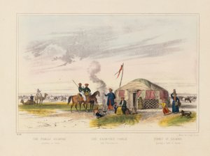 En kalmykisk (västmongolisk) familj som vallar hästar, bildblad publicerat av Joseph Scholz, Mainz, ca 1860 av German School