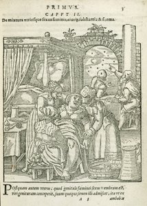 A Woman in Labour, illustration från kapitel 2, bok 1 av On the Conception and Growth of Man av Rueff, 1587 av German School
