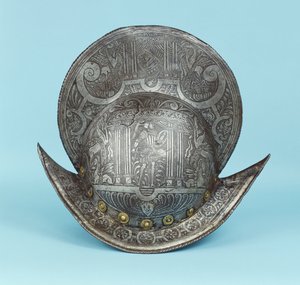 En kammorion, etsad med kerubhuvuden, sfinxer och bevingade hästar, mitten med en pseudoklassisk krigare i modern rustning med svärd och sköld av German School