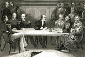 En konferens på Chusan mellan Commodore Bremer och Chang, en kinesisk tjänsteman, ombord på HMS Wellesley, 4 juli 1841 av German School