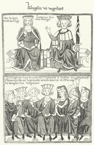 En skildring av Sangerkrieg, en tävling mellan minstreler på slottet Wartburg i Thüringen 1207, från Codex Manesse (gravyr) av German School