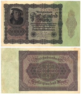 En femtiotusenmarkssedel, 1922 (recto och verso) av German School