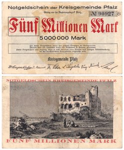 En sedel på fem miljoner mark, ca 1923 (recto och verso) av German School