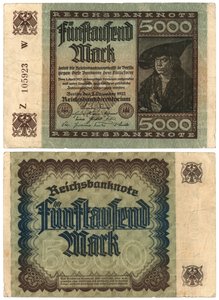 En femtusenmarkssedel, 1922 (recto och verso) av German School