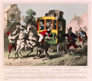 Ett par på smekmånad attackeras av vägmän i Italien, bildblad publicerat av Gangel & P. Didion, Metz, ca 1850 av German School