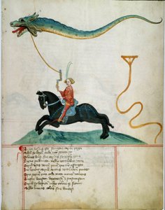 En riddare som håller en drake som flyger hjort Manuskriptsida av den tyska skolan på 1400-talet. 1405 Göttingen, universitetets bibliotek av German School
