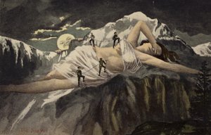En naken kvinna på en bergssida som klättras av bergsbestigare medan månen tittar på (collage)