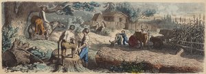 En ny bosättning i amerikanska västern (färgad gravyr) av German School