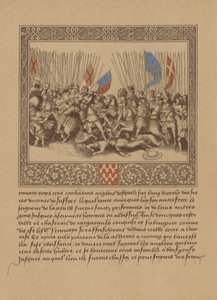 En sida från ett franskt 1500-talsmanuskript som visar en scen från Froissarts Chronicles av German School
