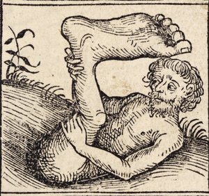 En sciopod, Man with a Swollen Foot, från ``Registrum Hujus Operis Libri Cronicarum cum Figuri et Imagibus ab Inicio Mundi