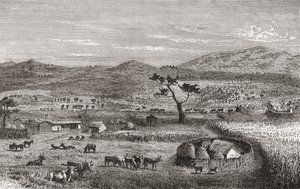 En bosættelse i Kouihara, Vestafrika, illustration fra 