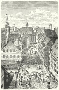 En gata i Nürnberg på 1400-talet (gravyr) av German School
