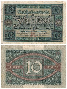 En tio marks sedel, 1920 (recto och verso) av German School