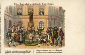 En sann historia vid Stuttgart Market Fountain (färg litho) av German School