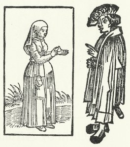 Ett träsnitt av en scen ur historien om Till Eulenspiegel. (gravyr) av German School