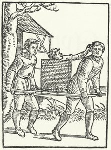 Ett träsnitt av en scen ur historien om Till Eulenspiegel (gravyr) av German School