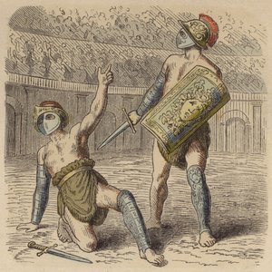 En sårad romersk gladiator vädjar till folkmassan om sitt liv (färgad gravyr) av German School