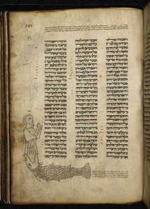 Lägg till. 21160, f.292, Mikrografi av Jonas som slukas av fisken, vid texten av Jonas, haftaran för eftermiddagsgudstjänsten Yom Kippur (vellum) av German School